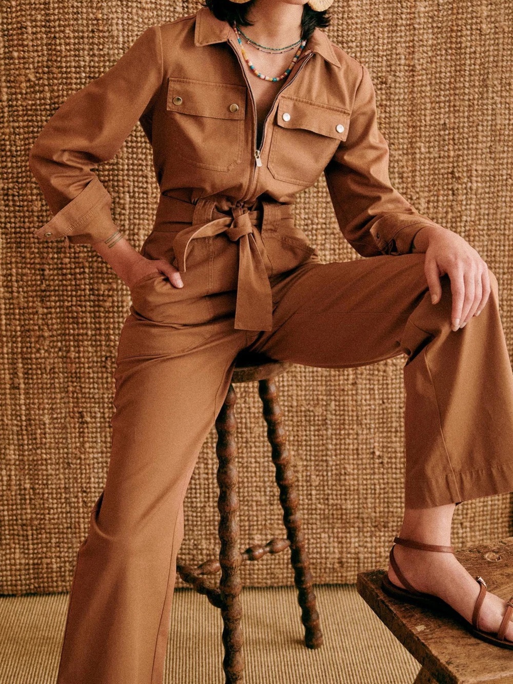 Sezane Robi Long Sleeve Belted Utility Jumpsuit in Camel Tan Size 36/4